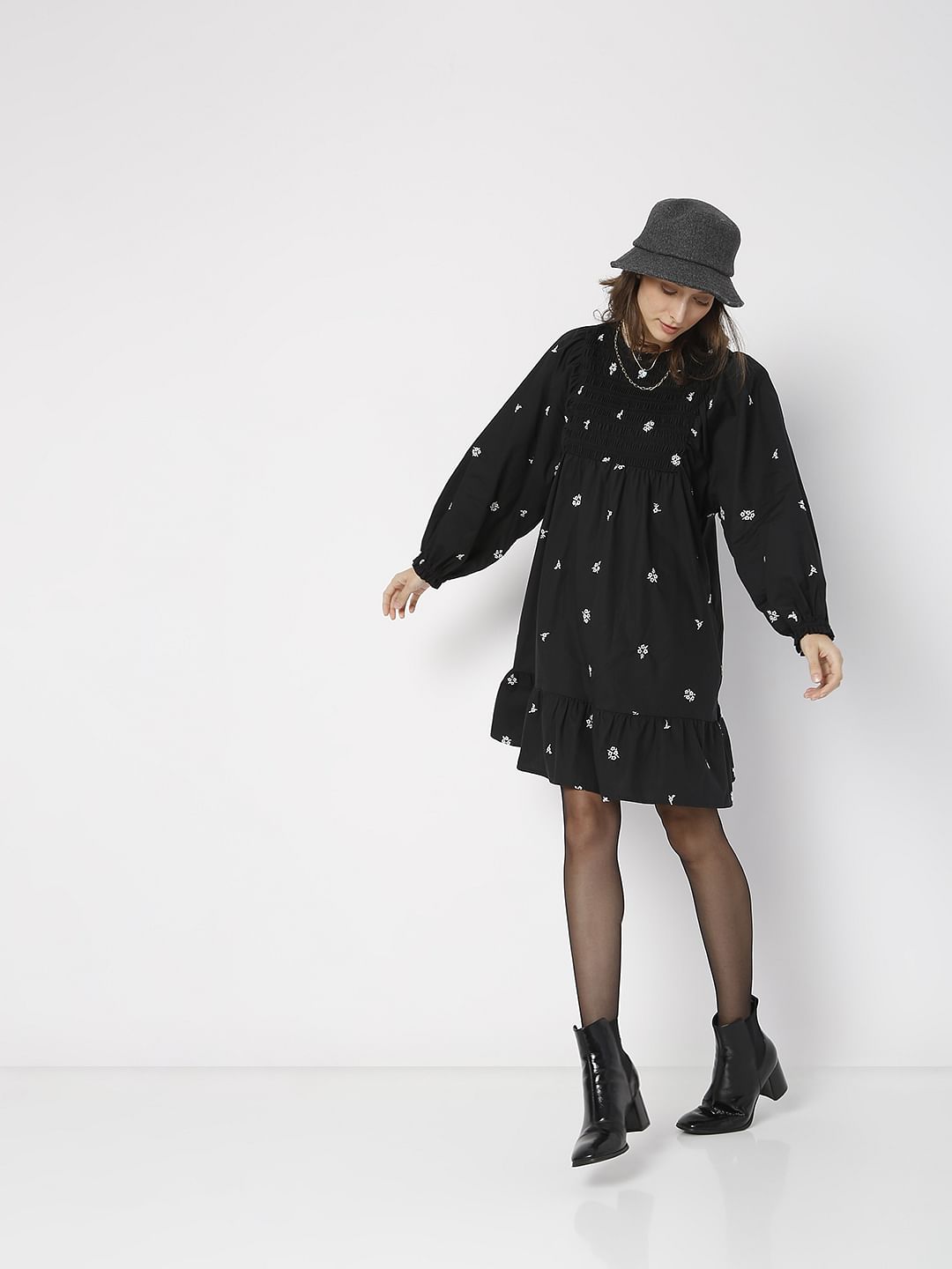 Black Floral Embroidery Dress