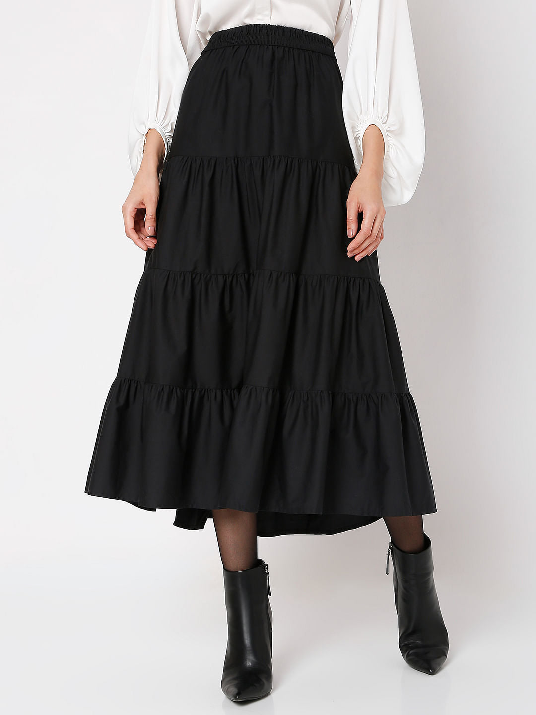 Black High Rise Tiered Skirt
