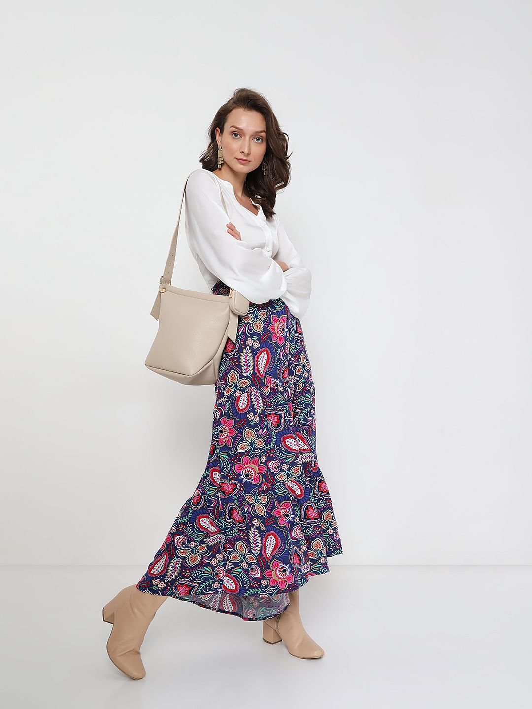 Blue Floral Print Midi Skirt