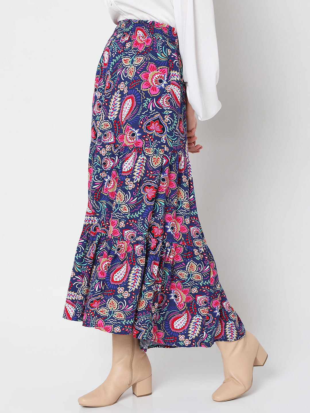 Blue Floral Print Midi Skirt