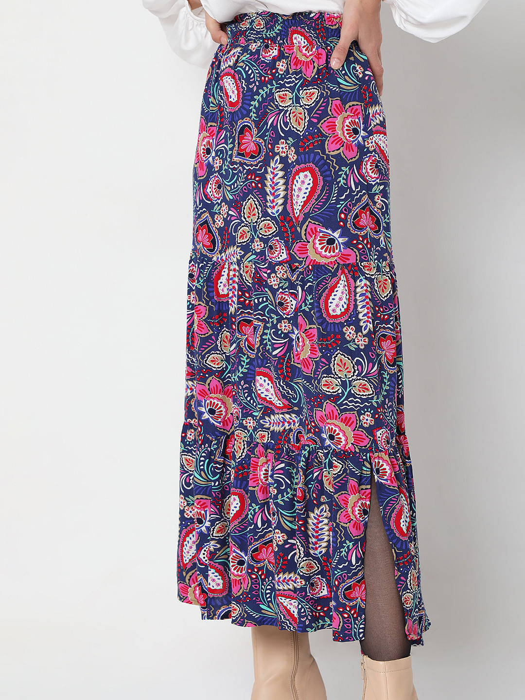 Blue Floral Print Midi Skirt