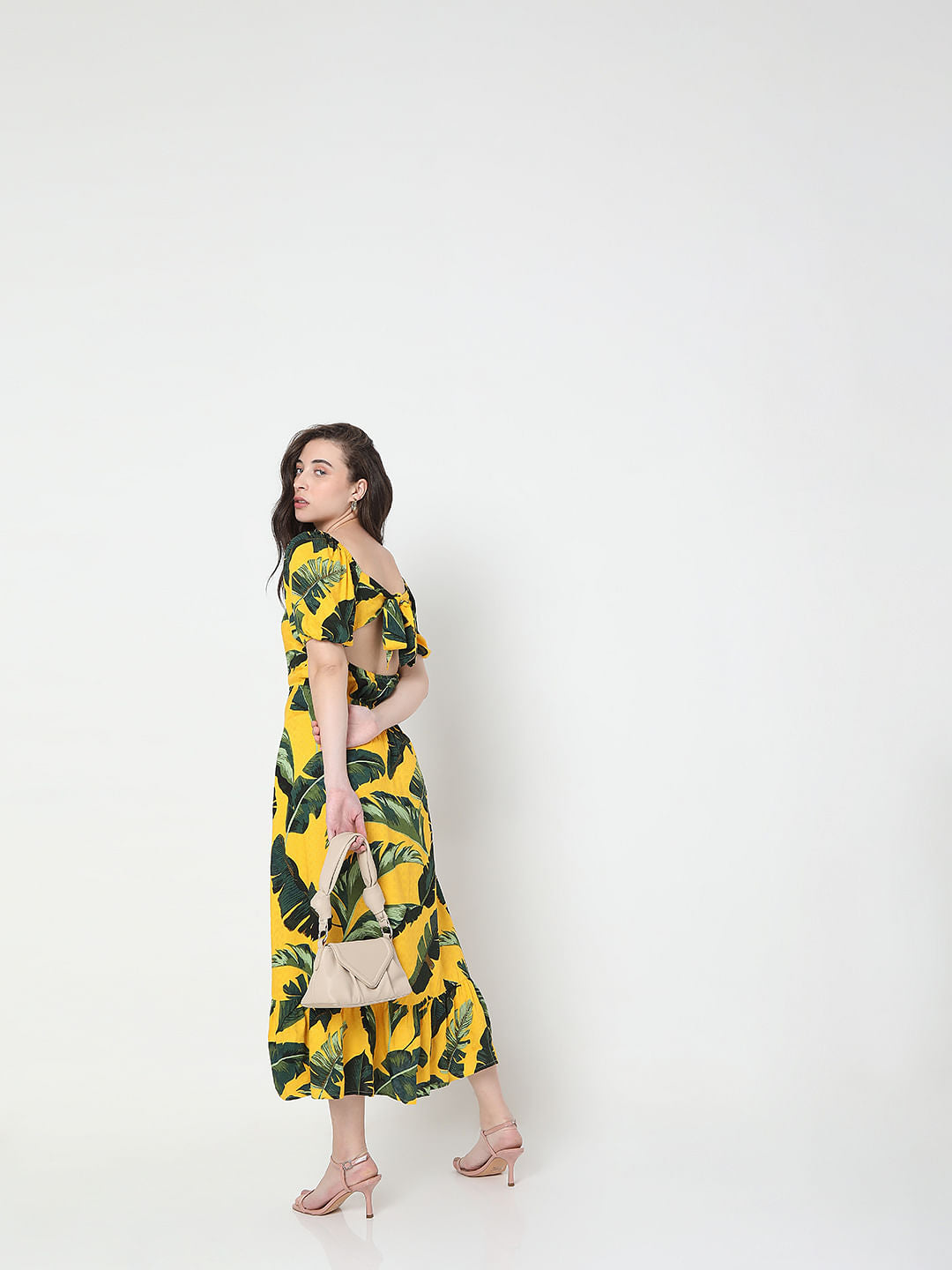 Yellow Tropical Print Midi Dress