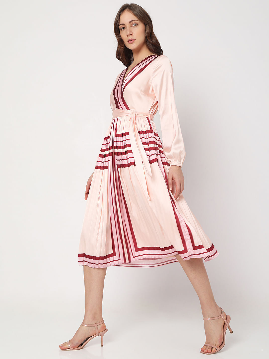 Pink V-Neck Pleated Midi Dress