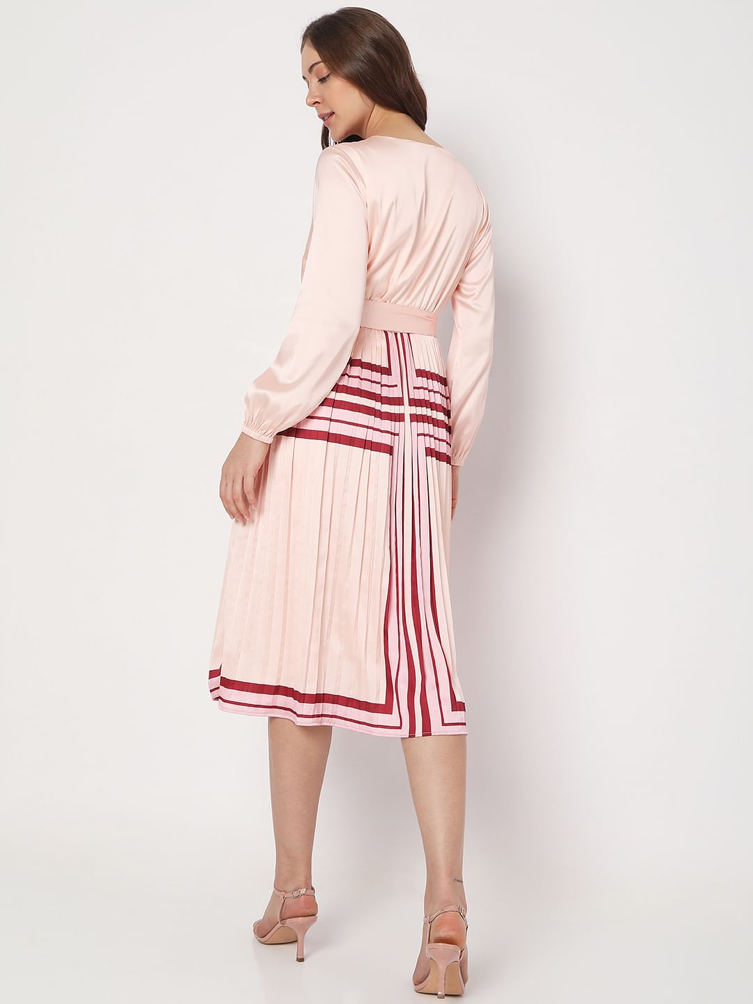 Pink V-Neck Pleated Midi Dress
