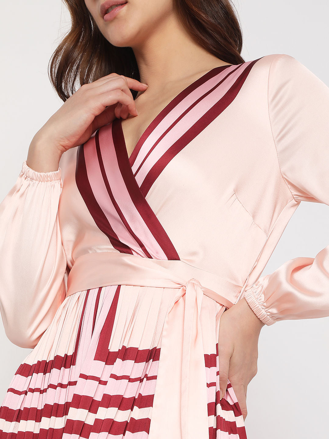 Pink V-Neck Pleated Midi Dress