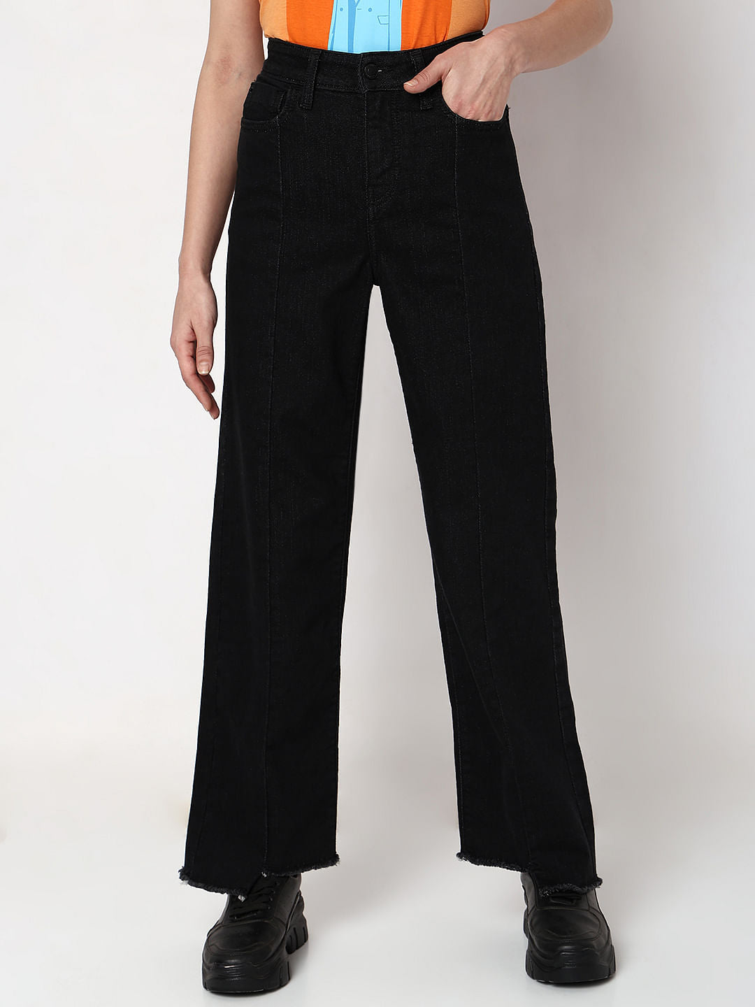 Black Raw Edge Jade Straight Fit Jeans