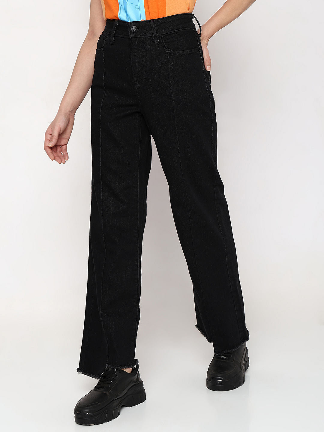 Black Raw Edge Jade Straight Fit Jeans