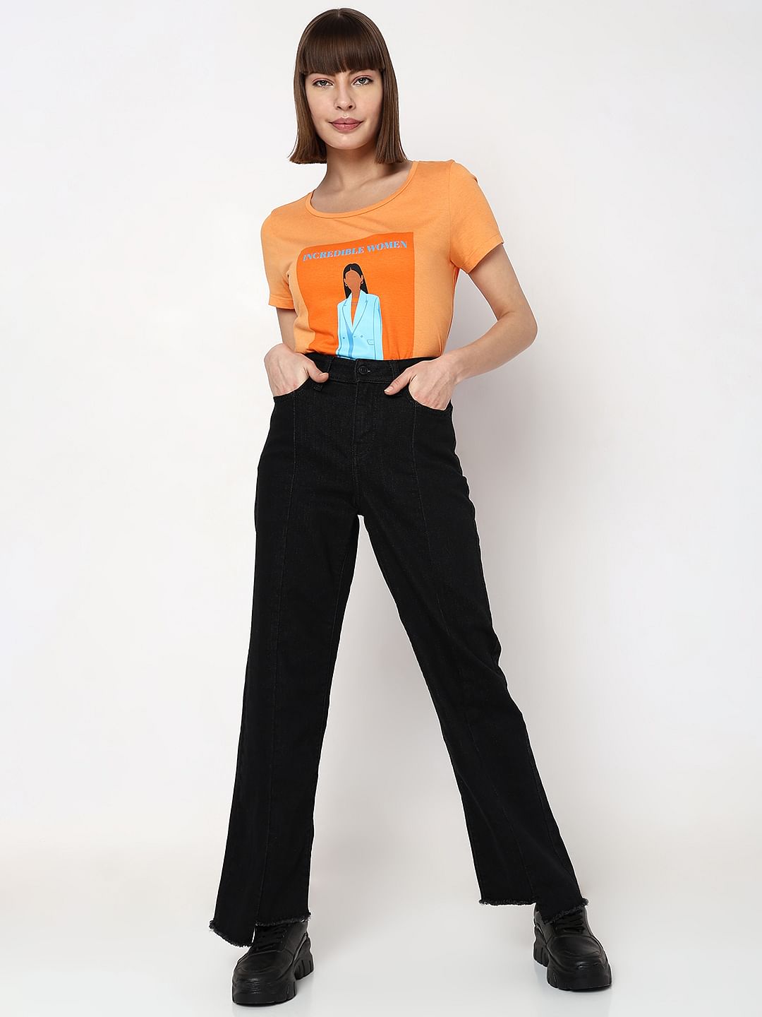 Black Raw Edge Jade Straight Fit Jeans