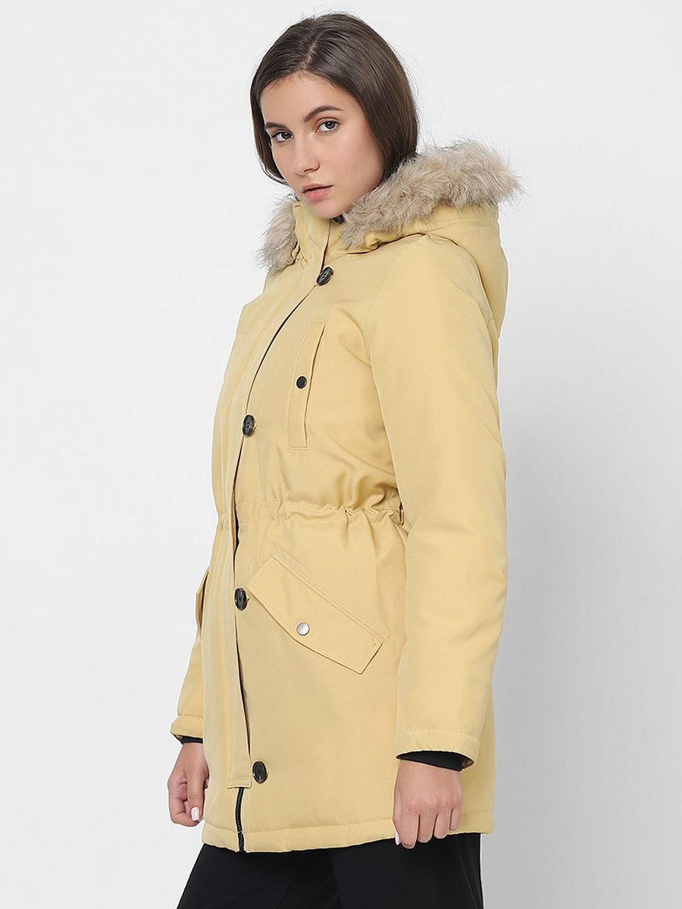 Light Yellow Faux Fur Parka Jacket