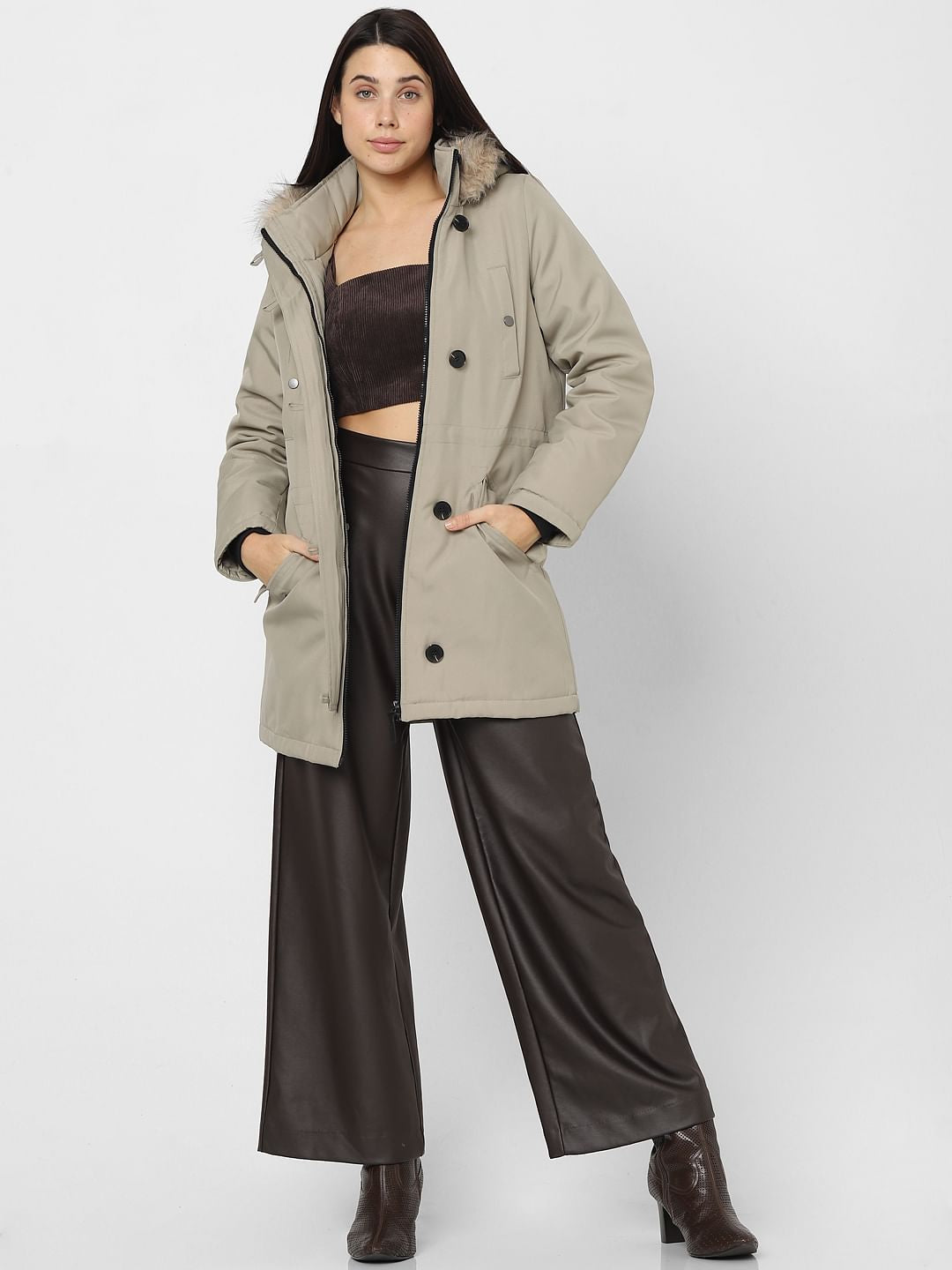 Beige Hooded Longline Puffer Jacket