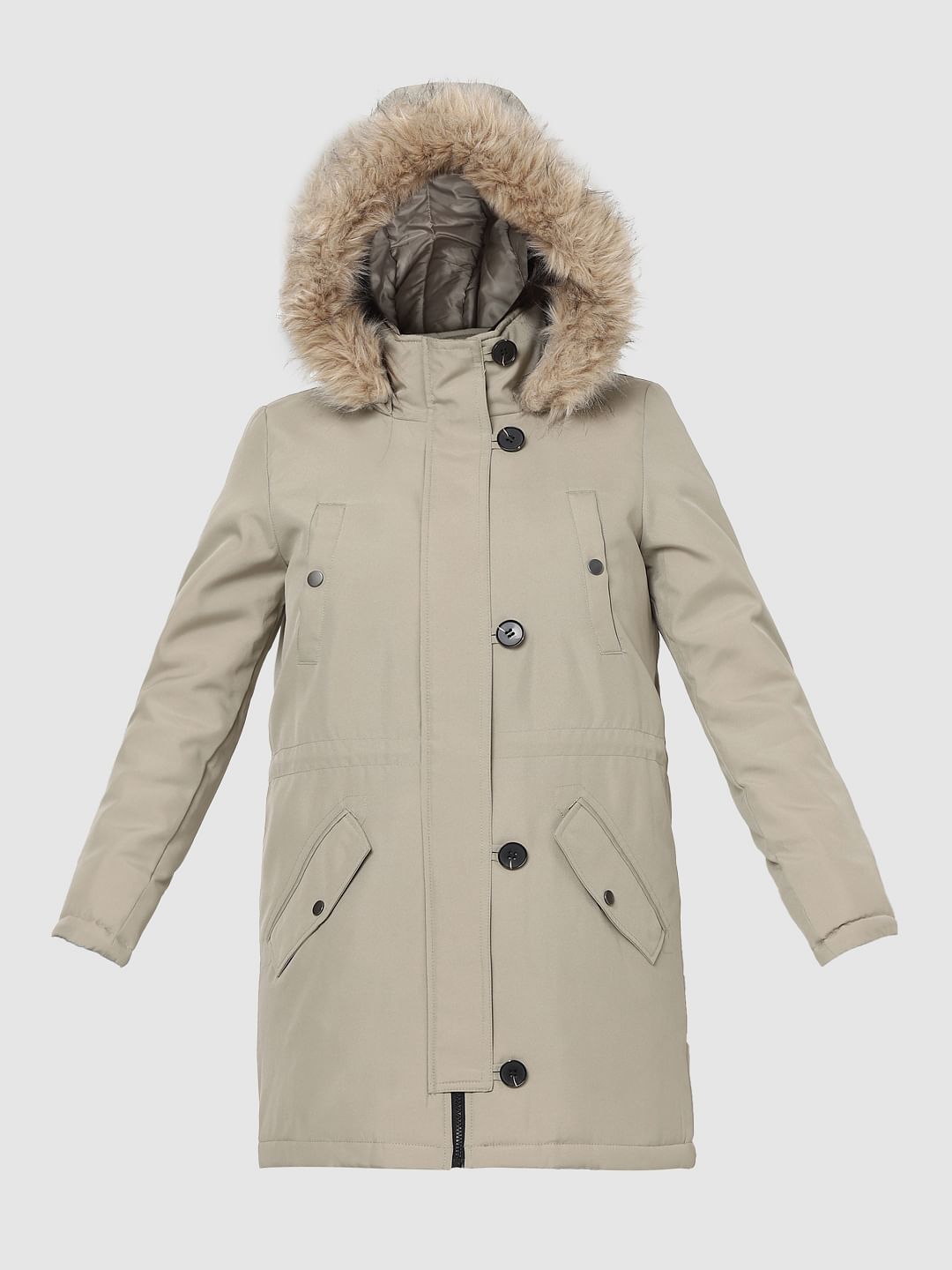 Beige Hooded Longline Puffer Jacket