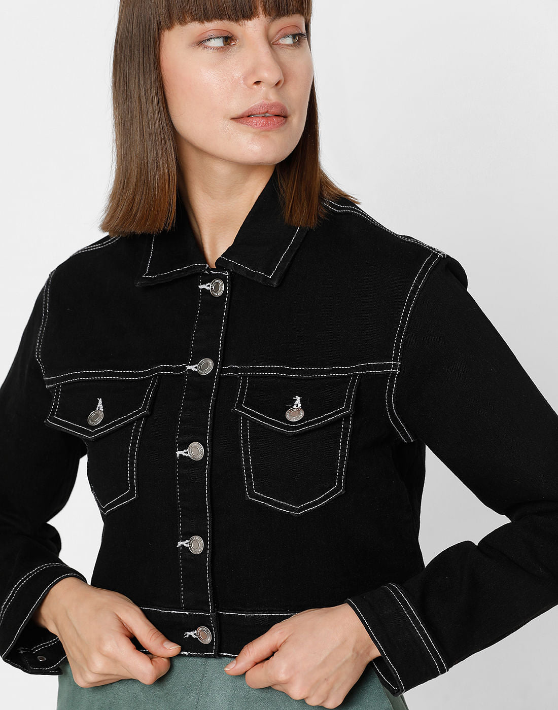 Black Contrast Stitching Cropped Denim Jacket