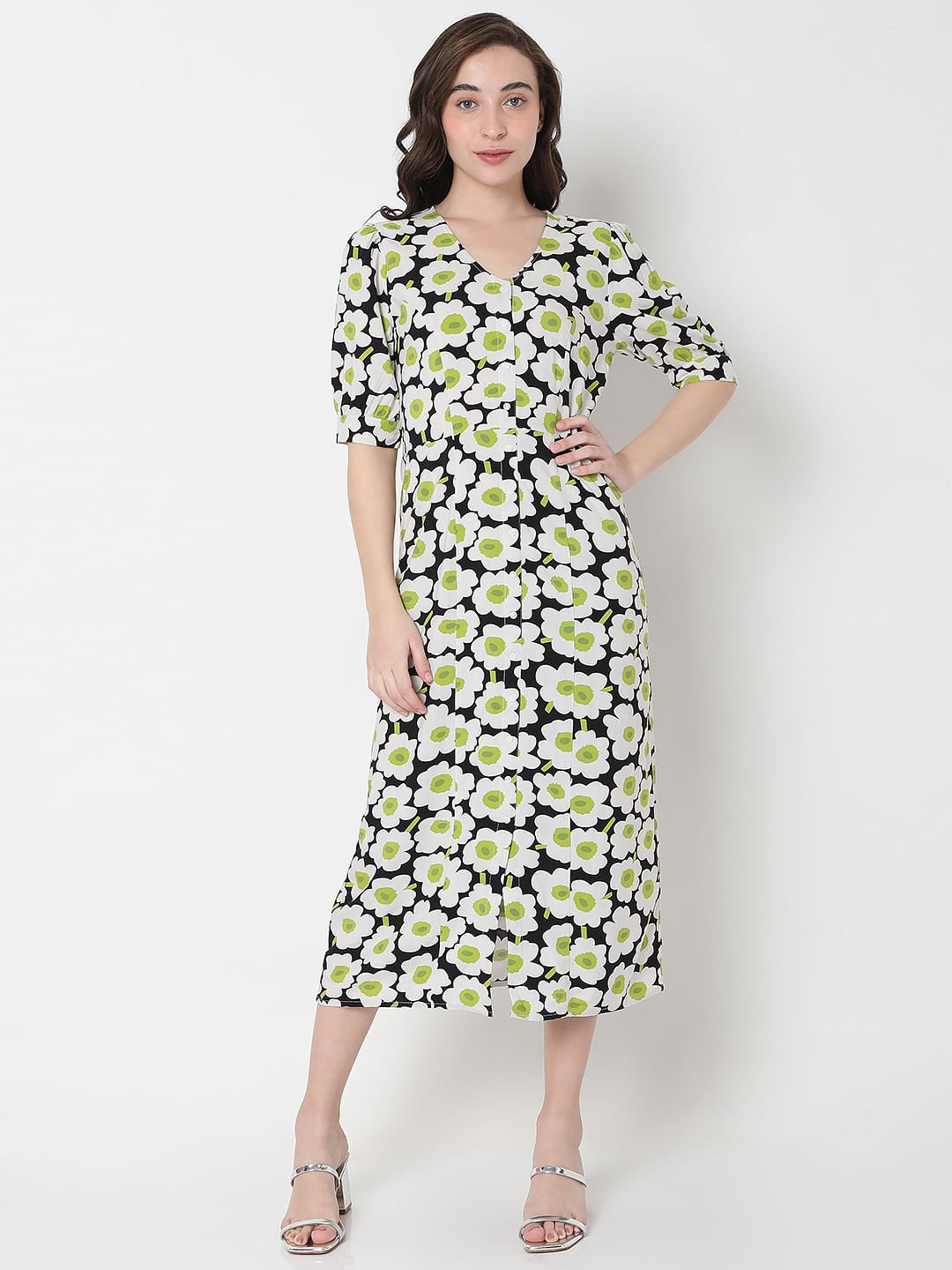 White Floral Print Midi Dress