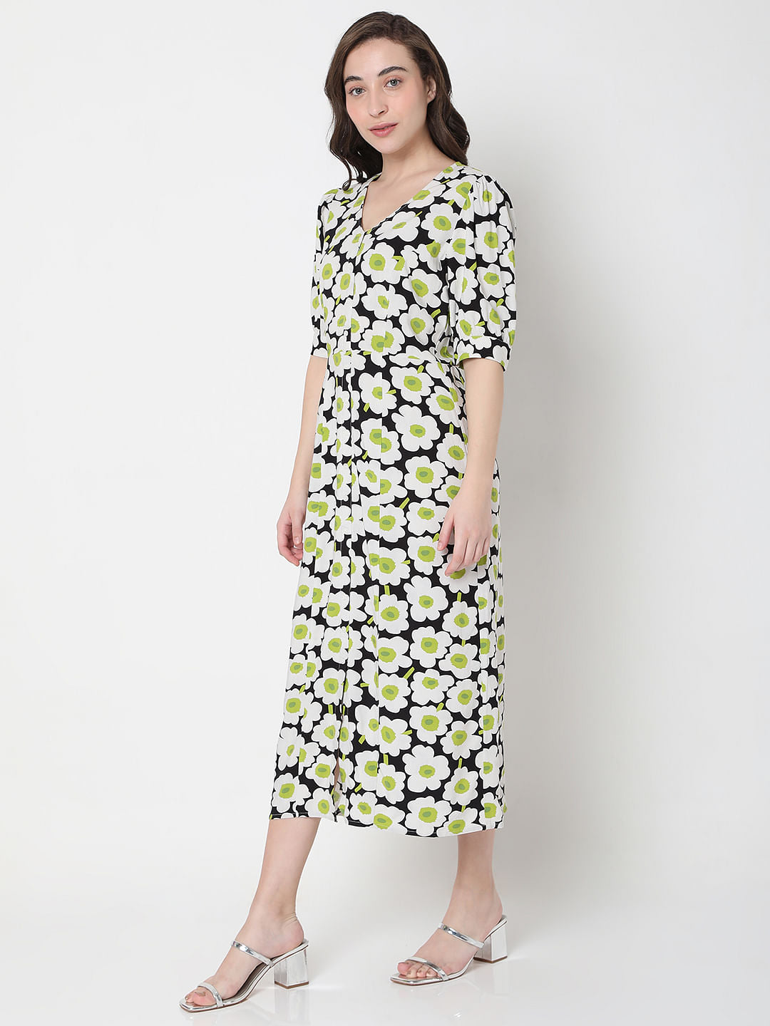 White Floral Print Midi Dress