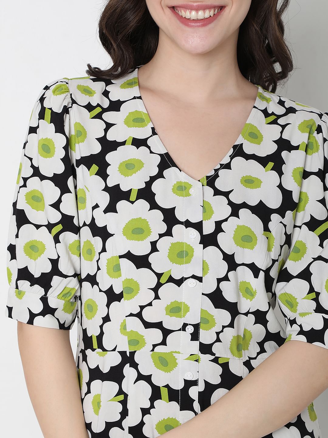 White Floral Print Midi Dress