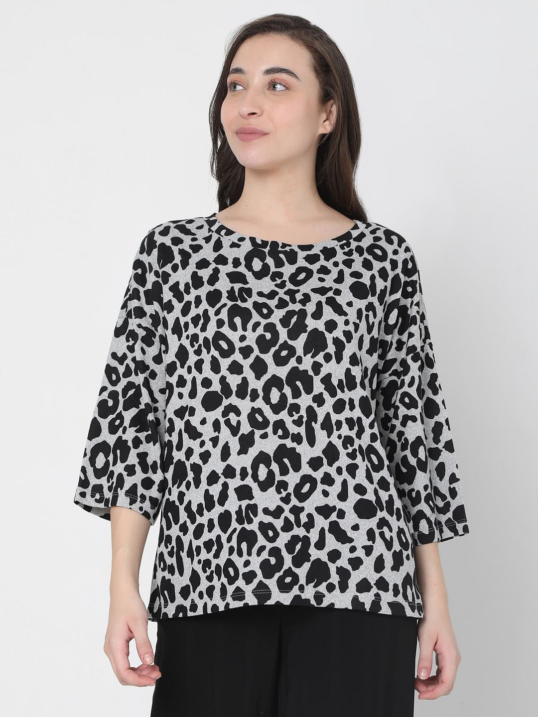 Grey Animal Print Knit Top