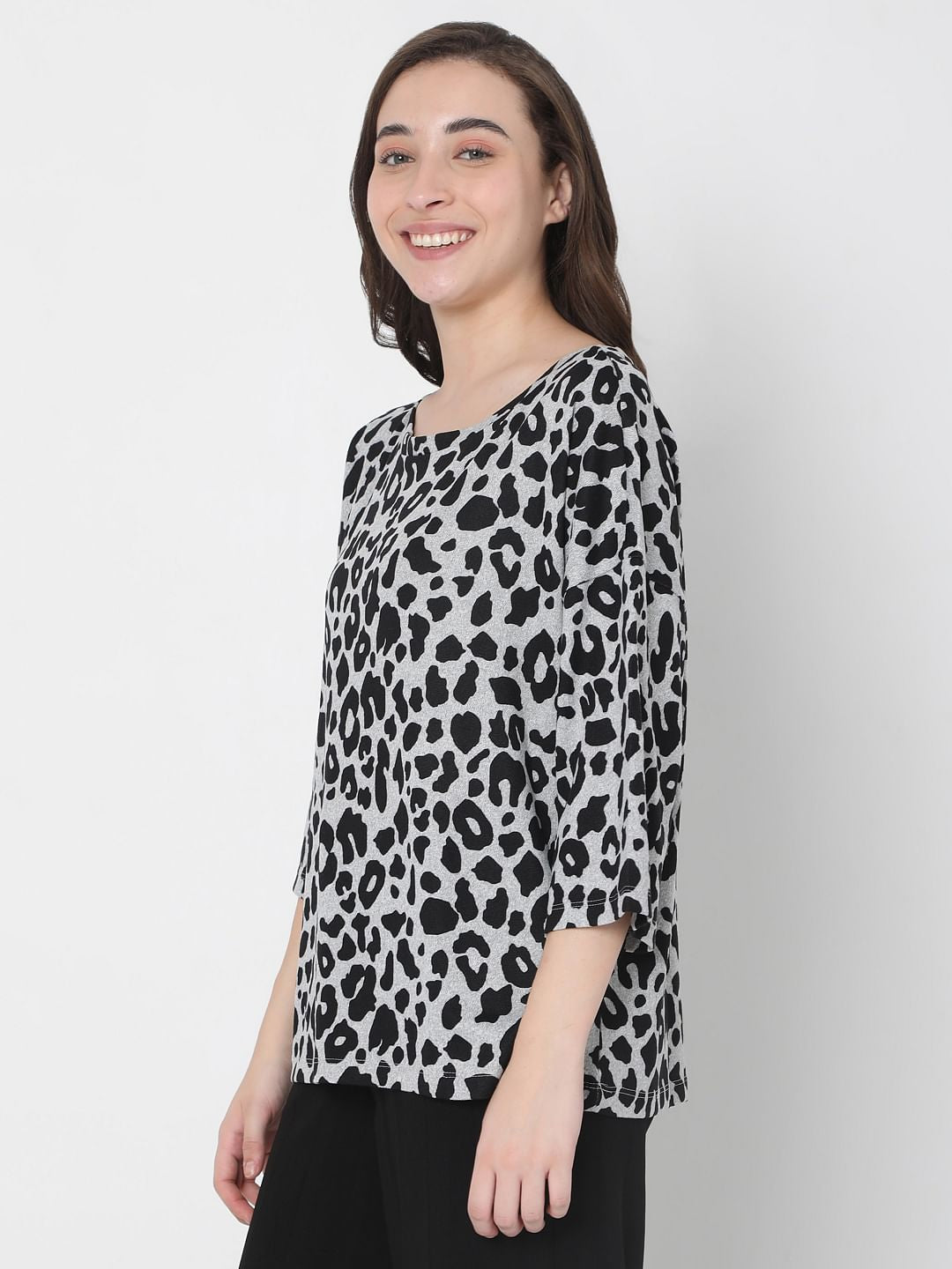 Grey Animal Print Knit Top