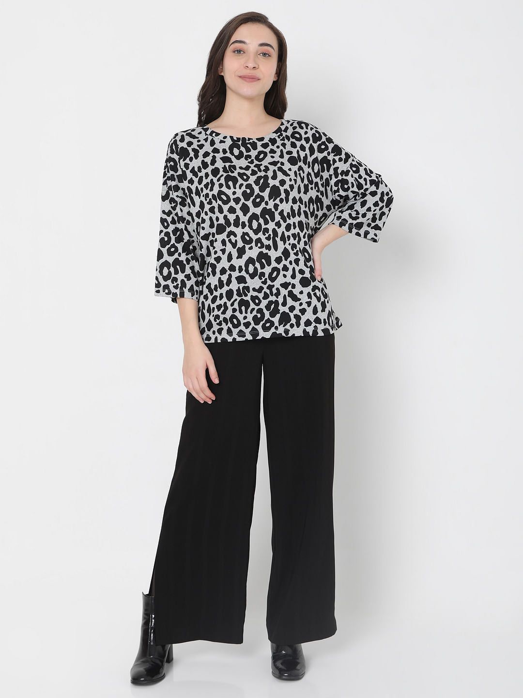 Grey Animal Print Knit Top