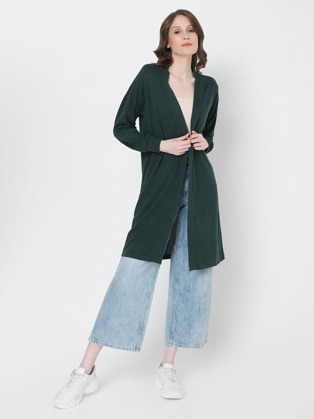 Dark Green Front Open Long Cardigan
