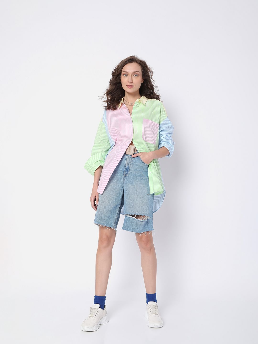 Pink Colourblocked Striped Shirt