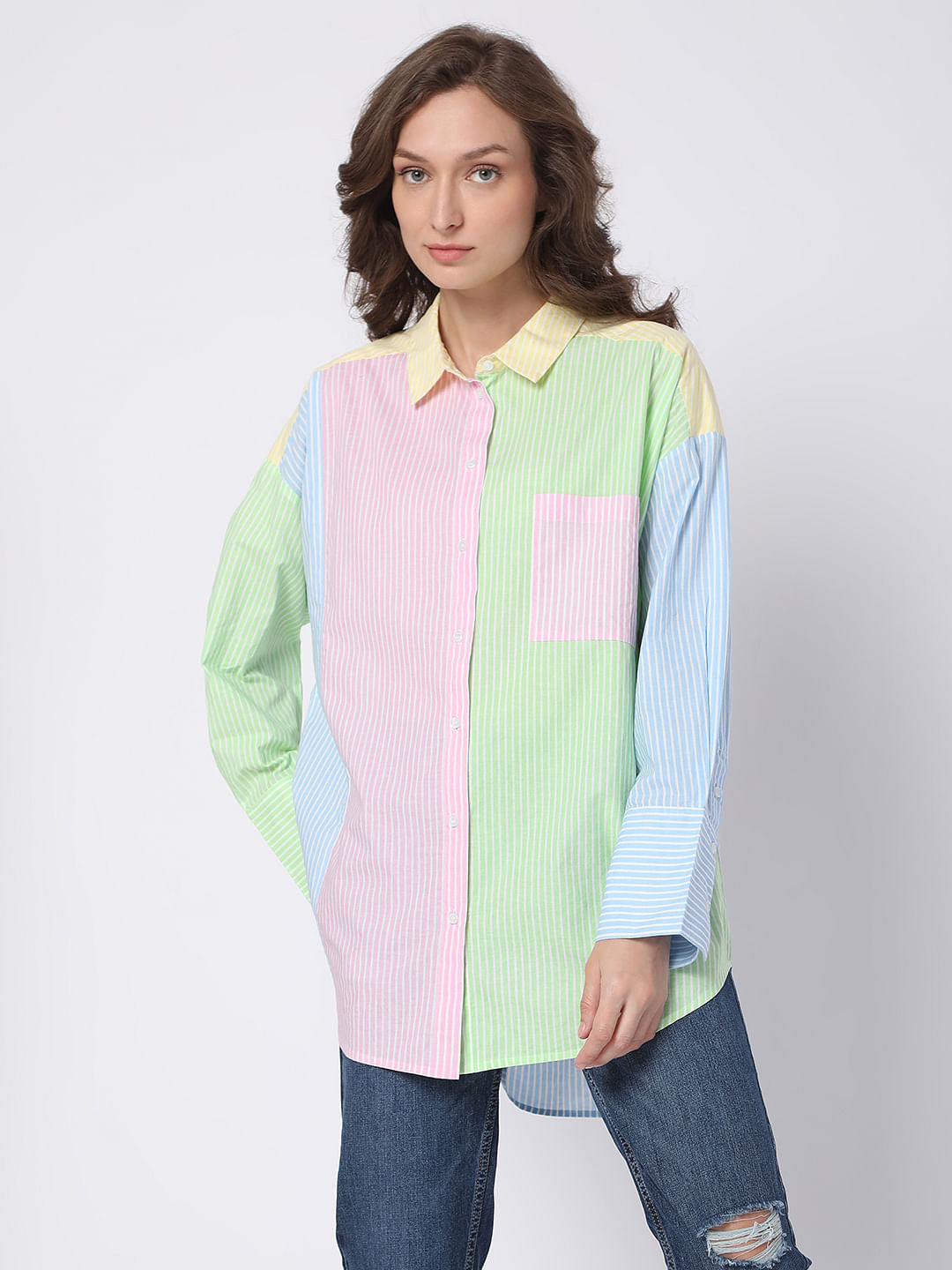 Pink Colourblocked Striped Shirt