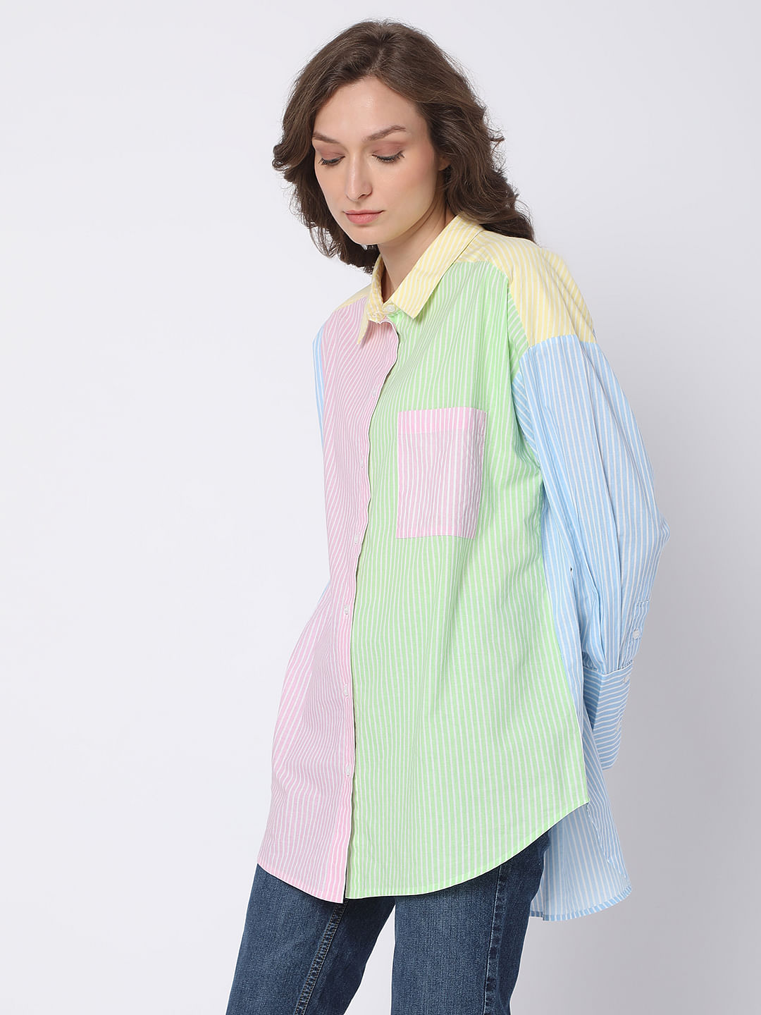 Pink Colourblocked Striped Shirt