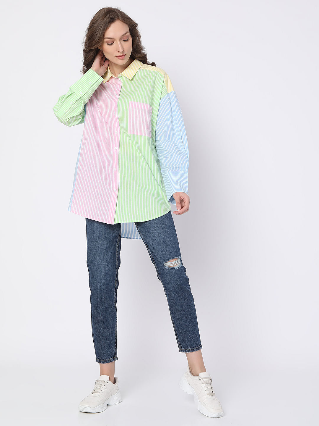 Pink Colourblocked Striped Shirt
