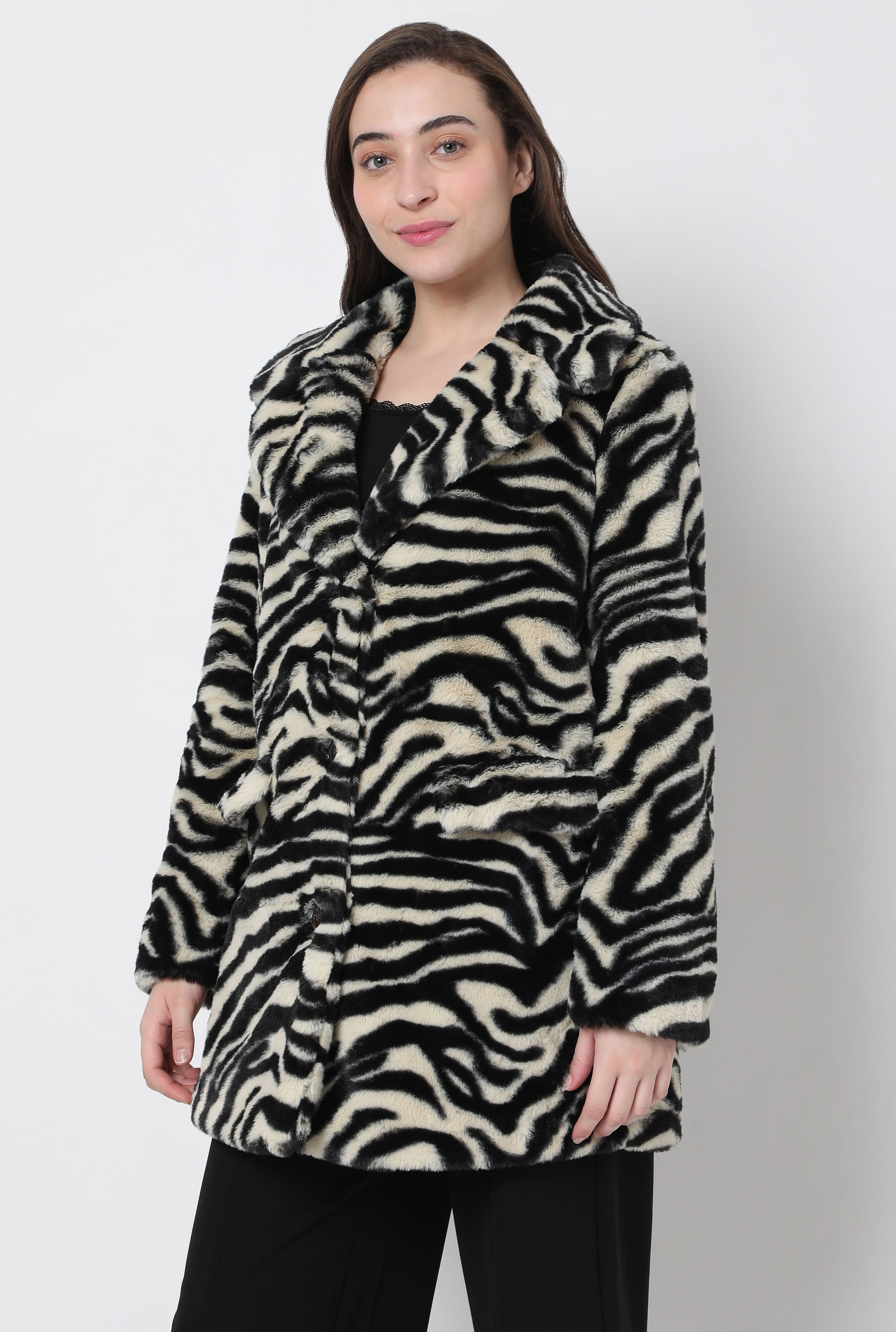 Black Animal Print Faux Fur Jacket