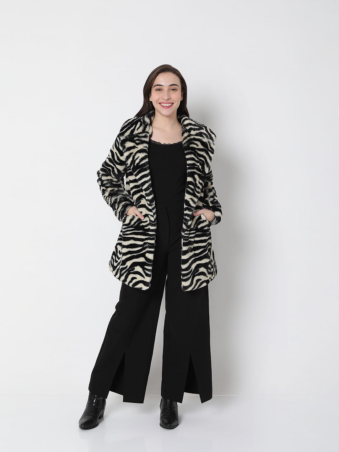 Black Animal Print Faux Fur Jacket
