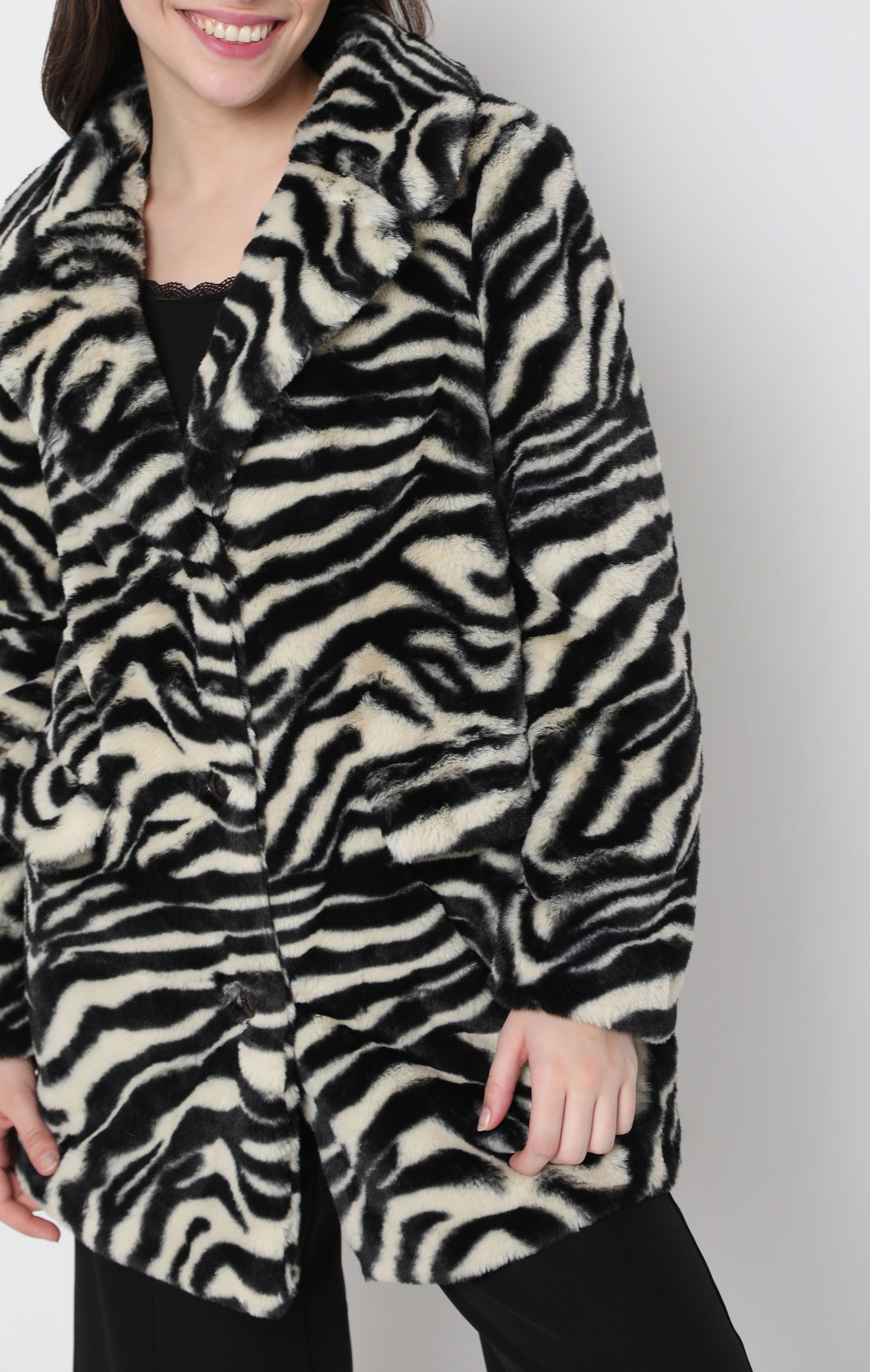 Black Animal Print Faux Fur Jacket