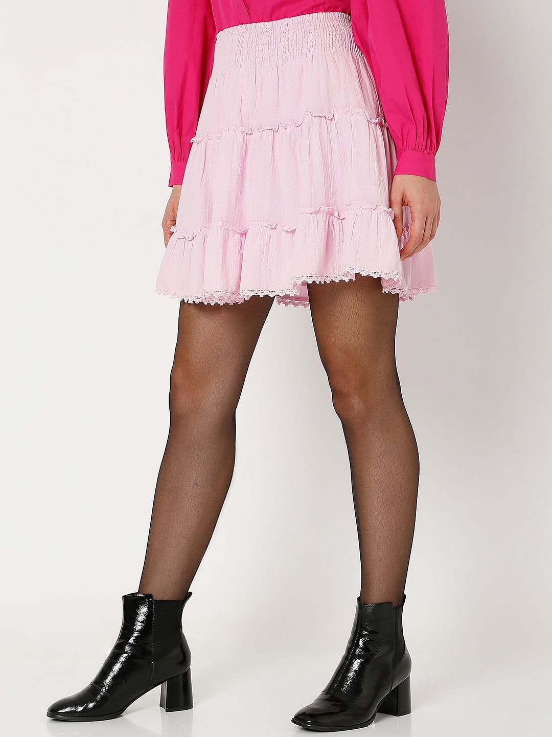 Pink High Rise Frill Mini Co-Ord Set Skirt