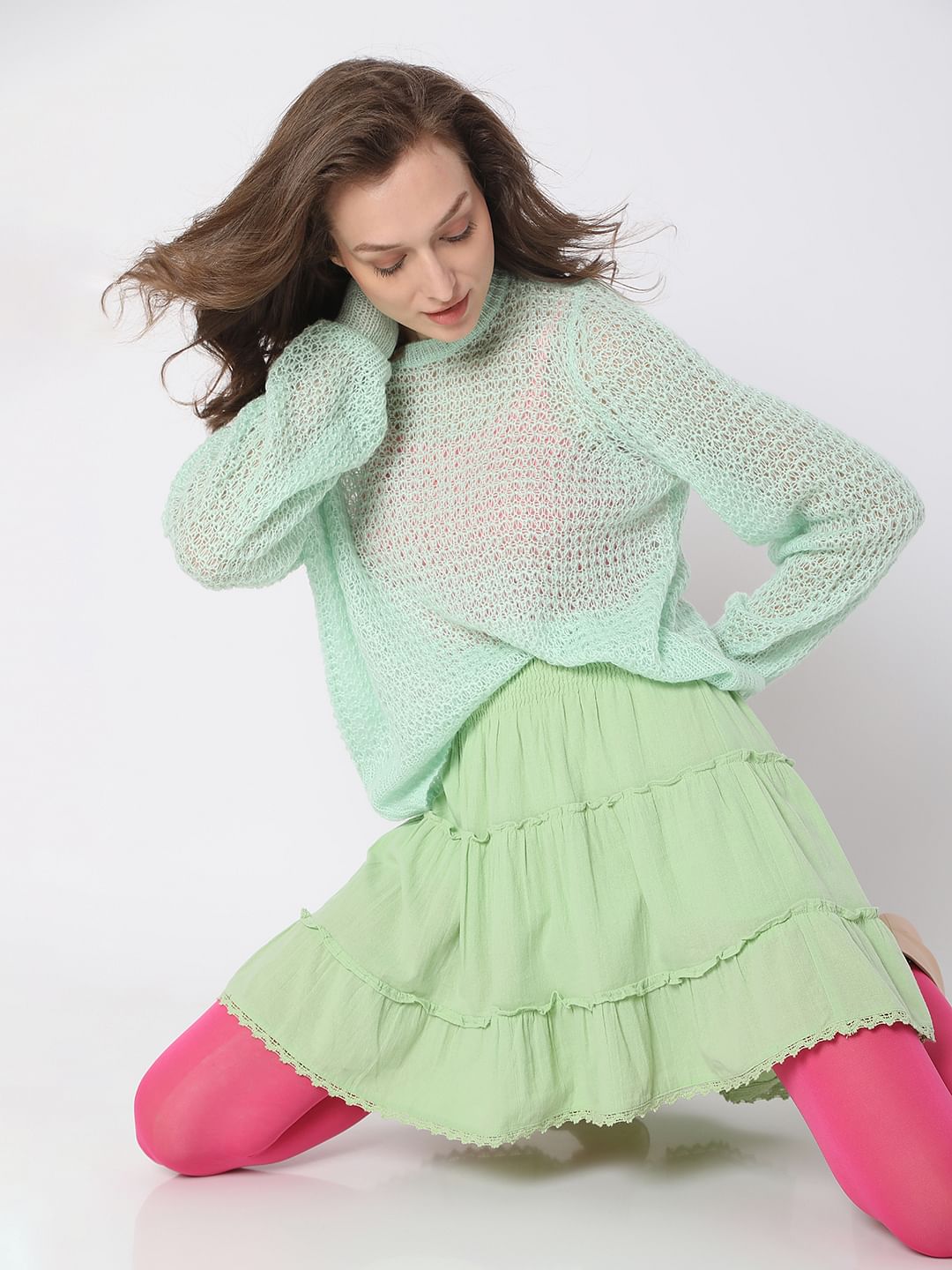 Green High Rise Tiered Co-Ord Set Skirt