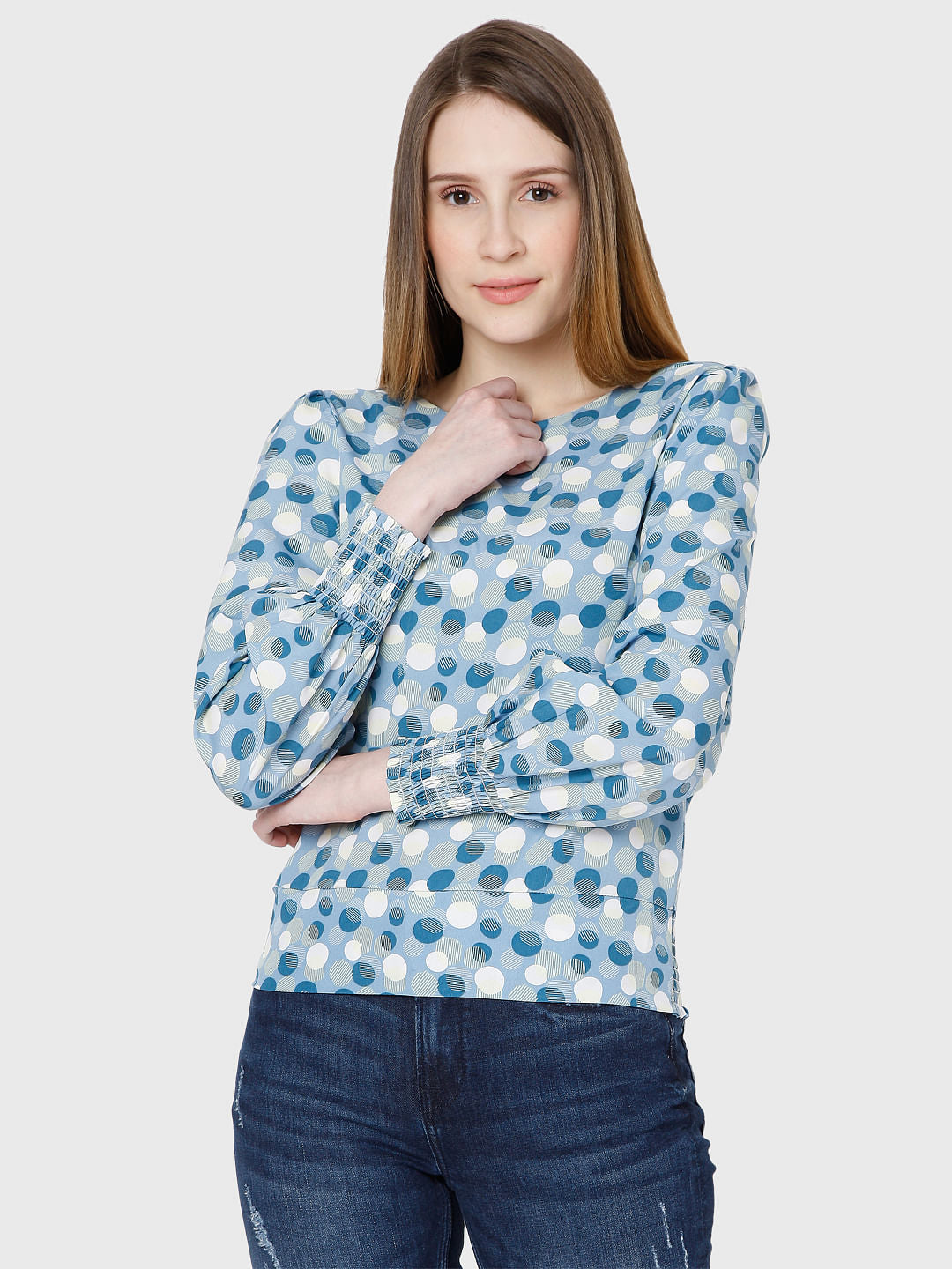 Blue Polka Dot Print Top