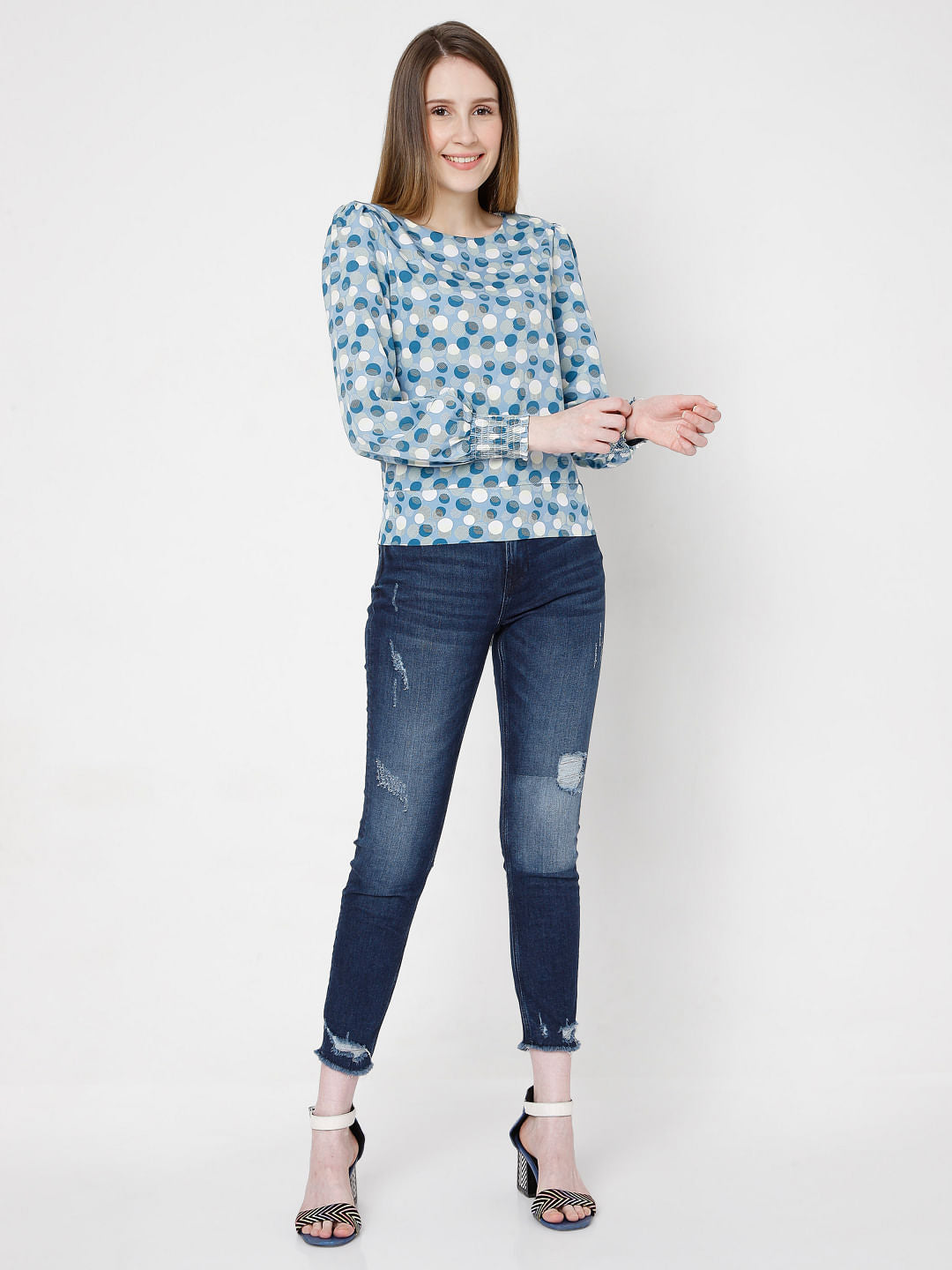 Blue Polka Dot Print Top