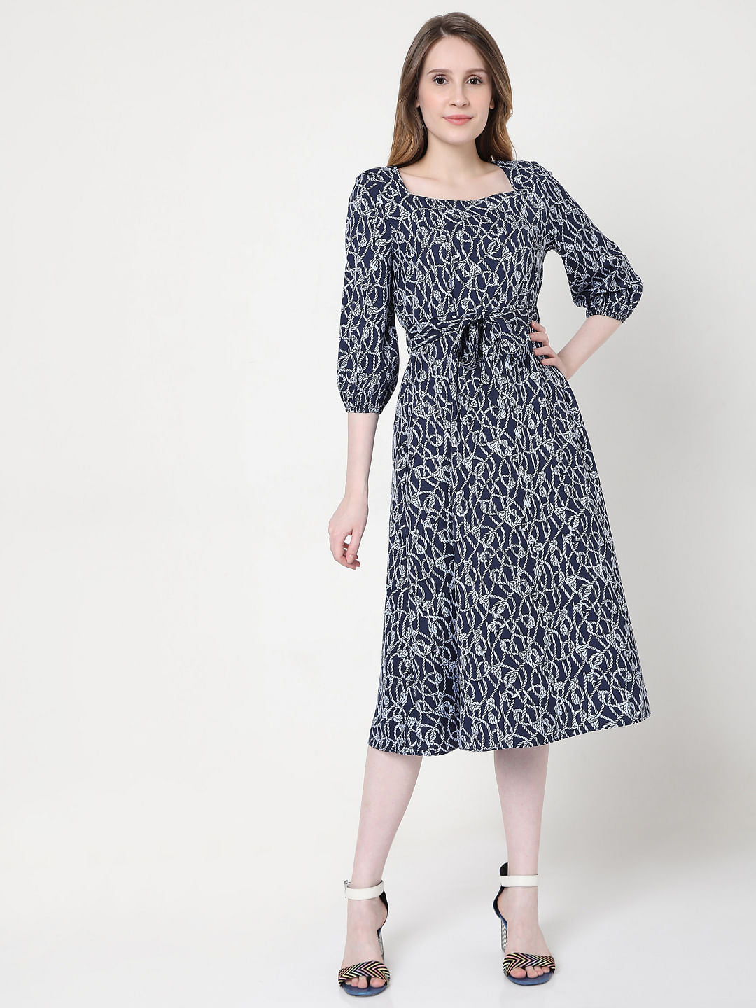 Blue Printed Midi Dress