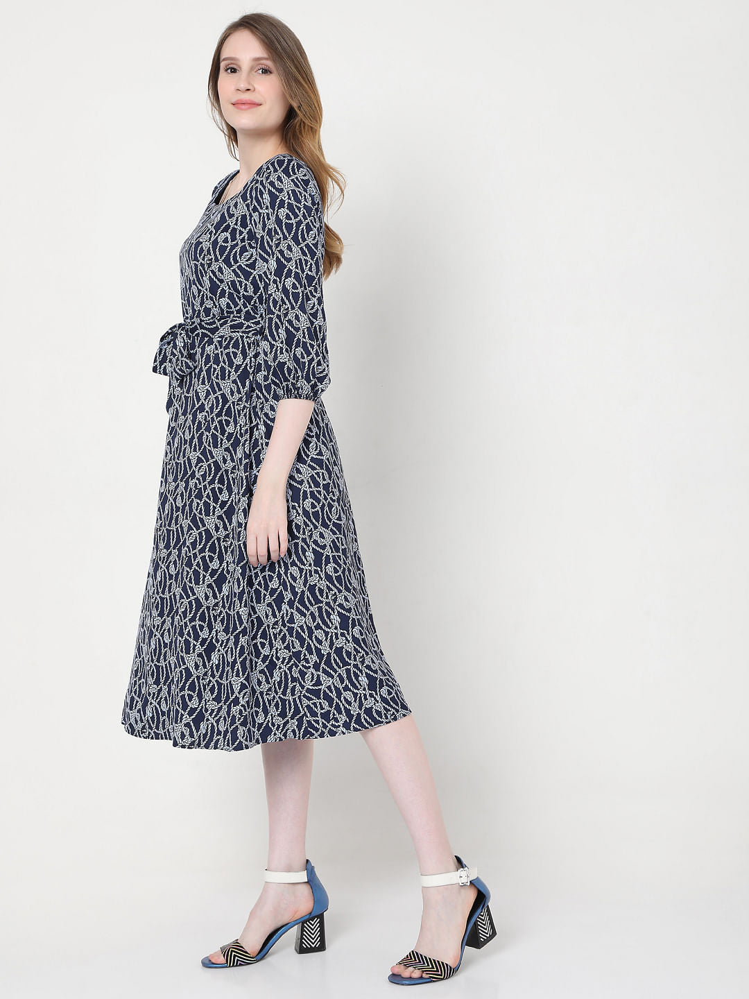 Blue Printed Midi Dress