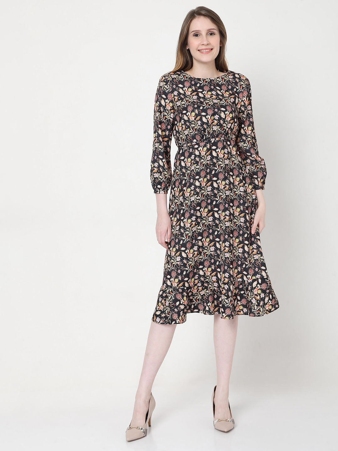 Black Floral Midi Dress