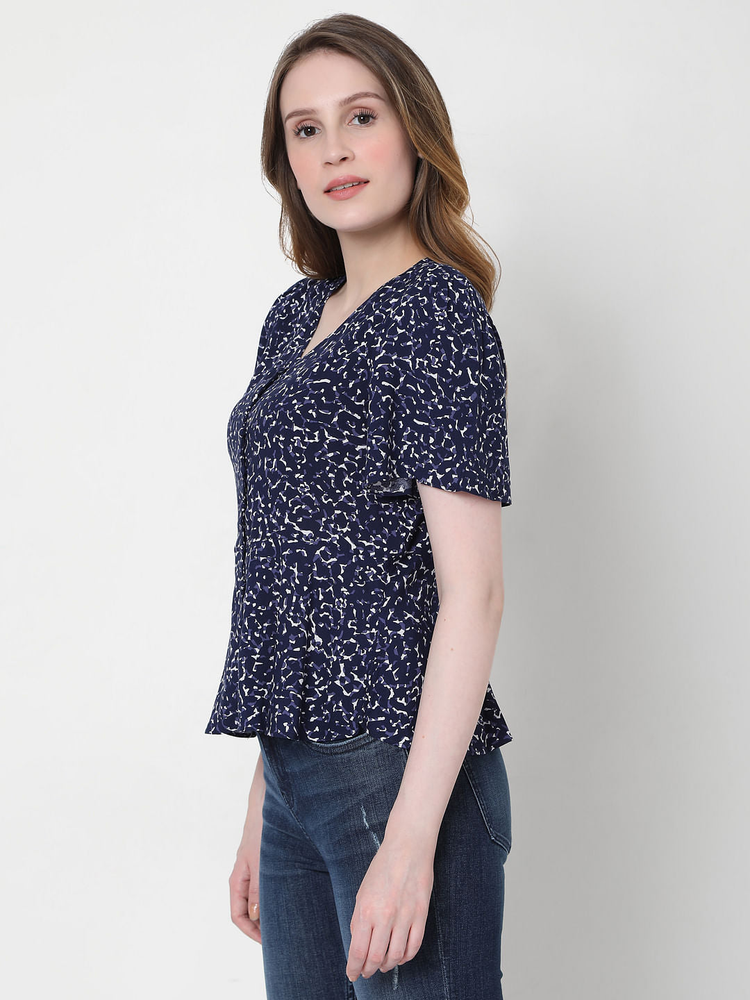 Blue Printed V Neck Top