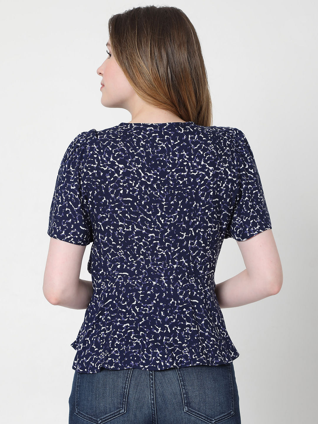 Blue Printed V Neck Top