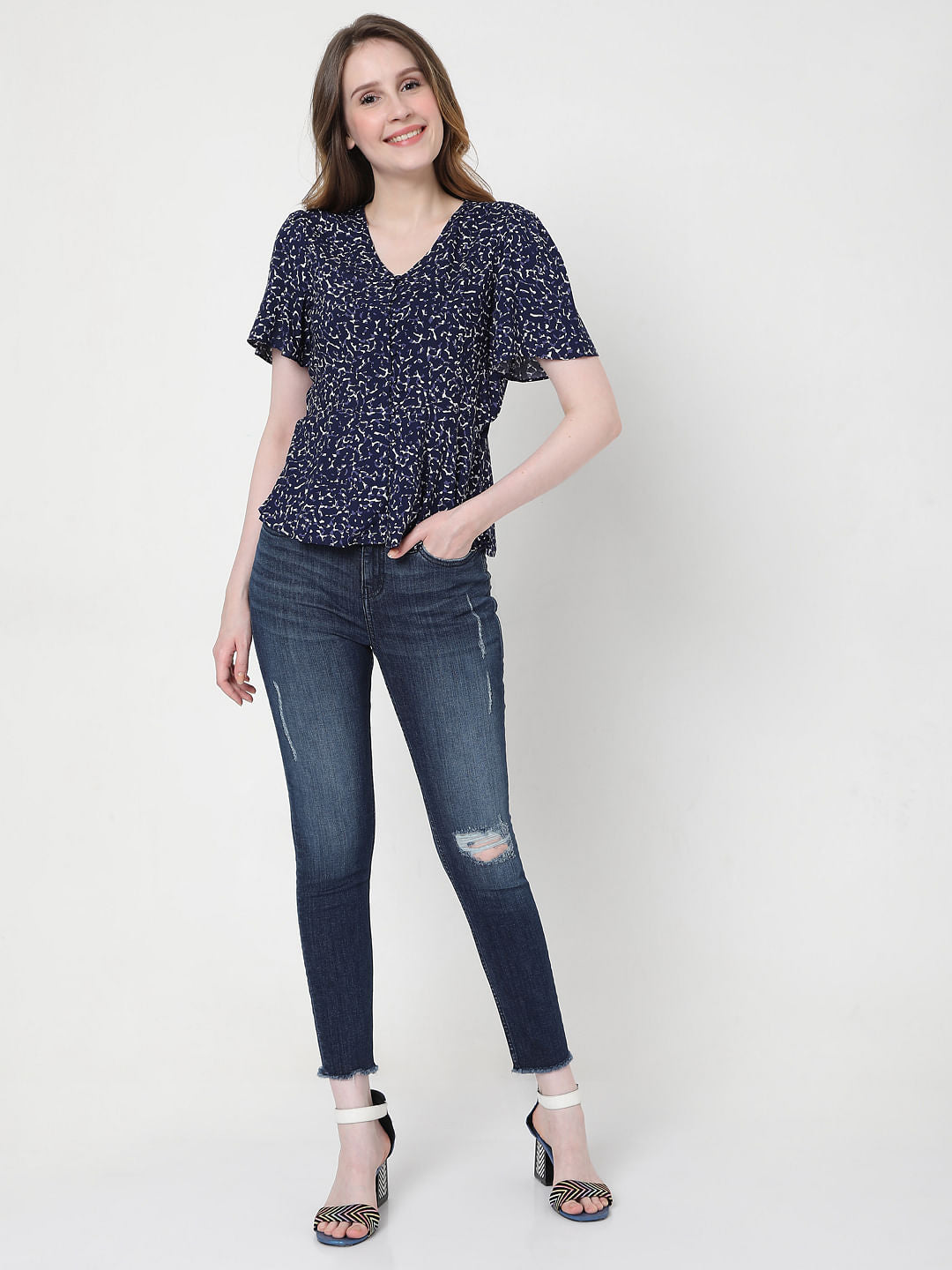 Blue Printed V Neck Top