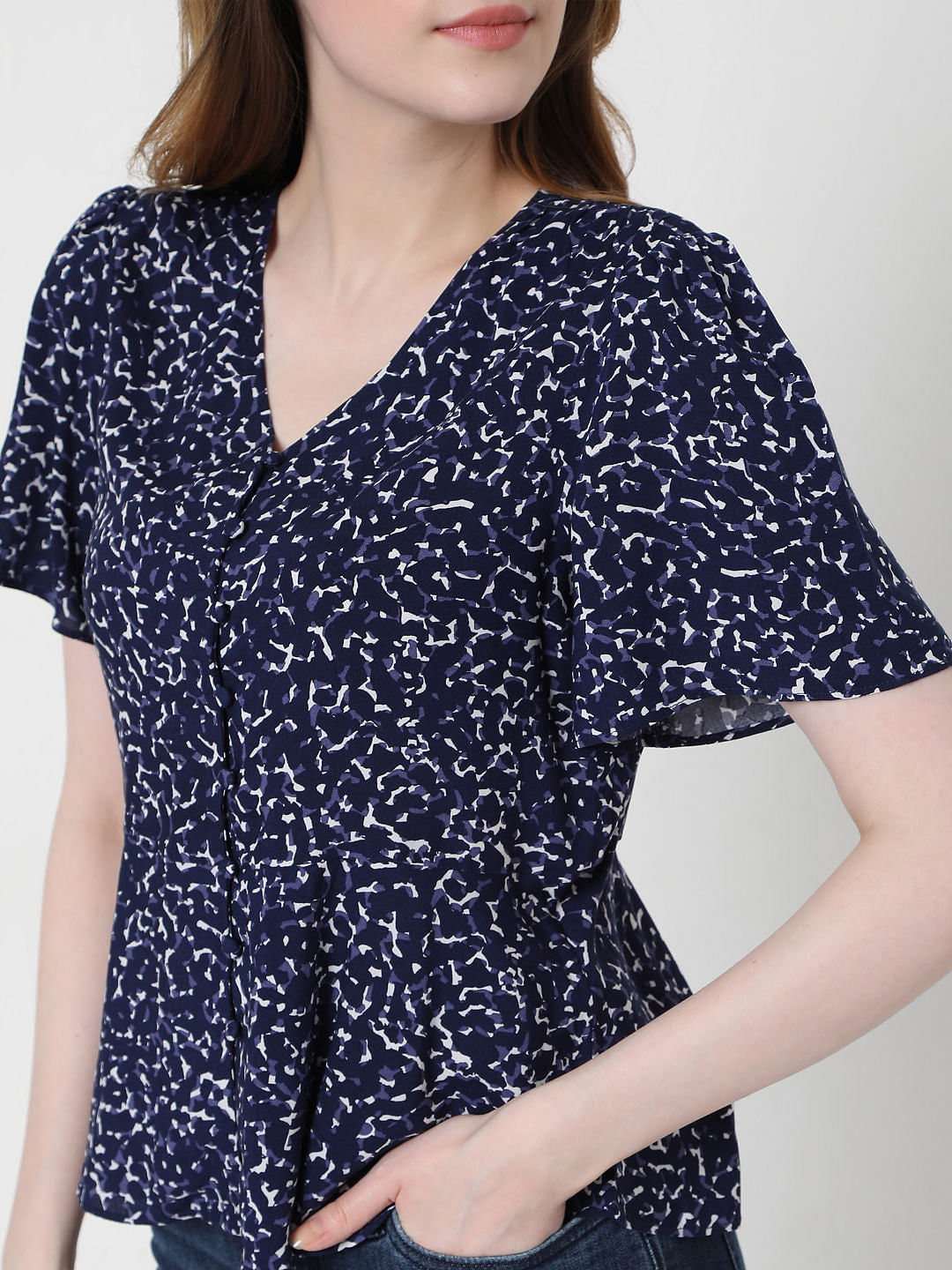 Blue Printed V Neck Top