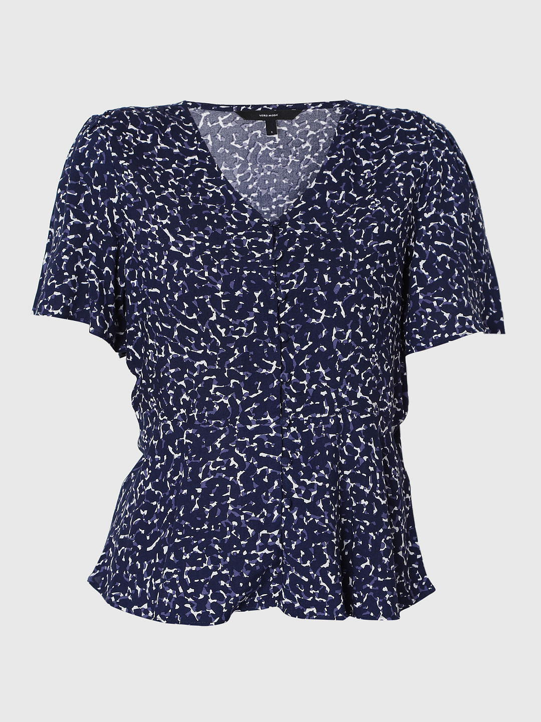Blue Printed V Neck Top