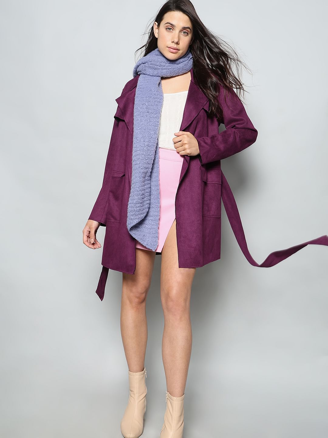 Purple Faux Suede Mid Length Jacket