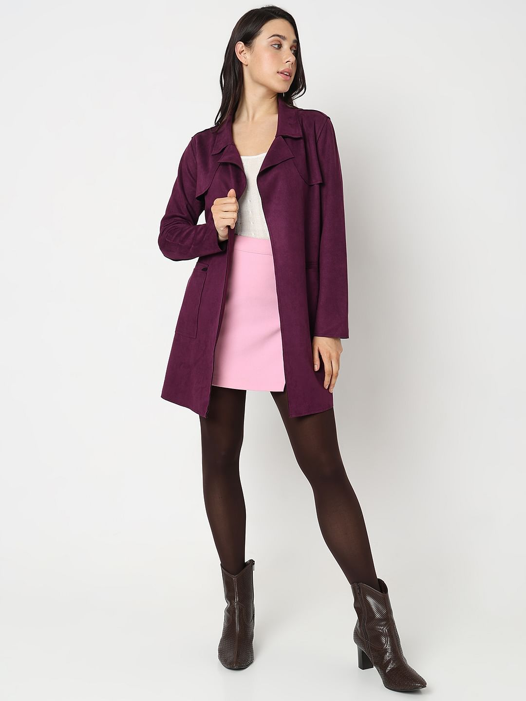 Purple Faux Suede Mid Length Jacket