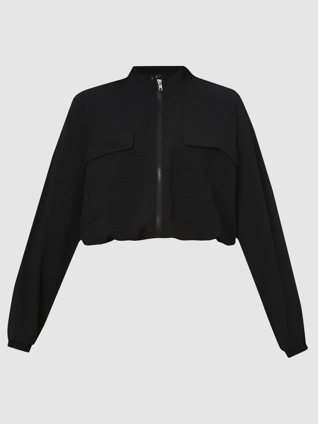 Black Cropped Bomber Jacket