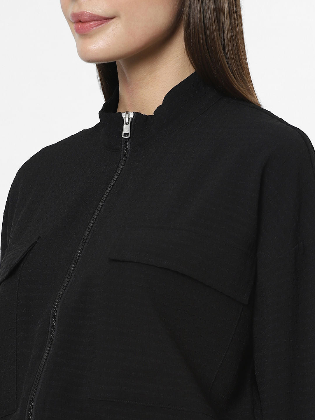 Black Cropped Bomber Jacket