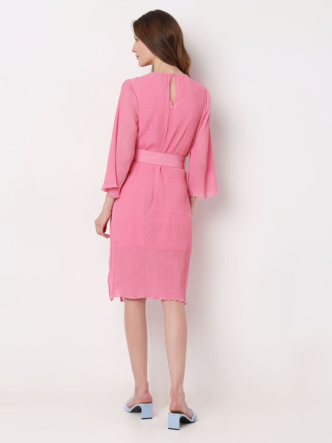 Pink Plisse Pleats Midi Dress