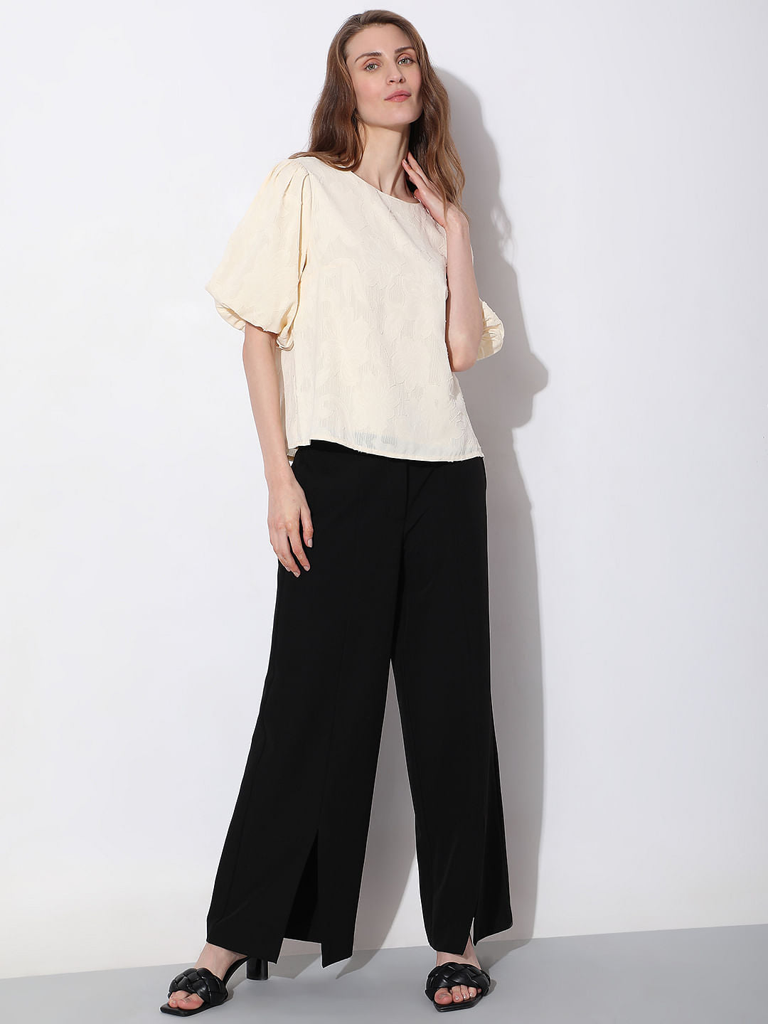 Beige Puff Sleeves Top