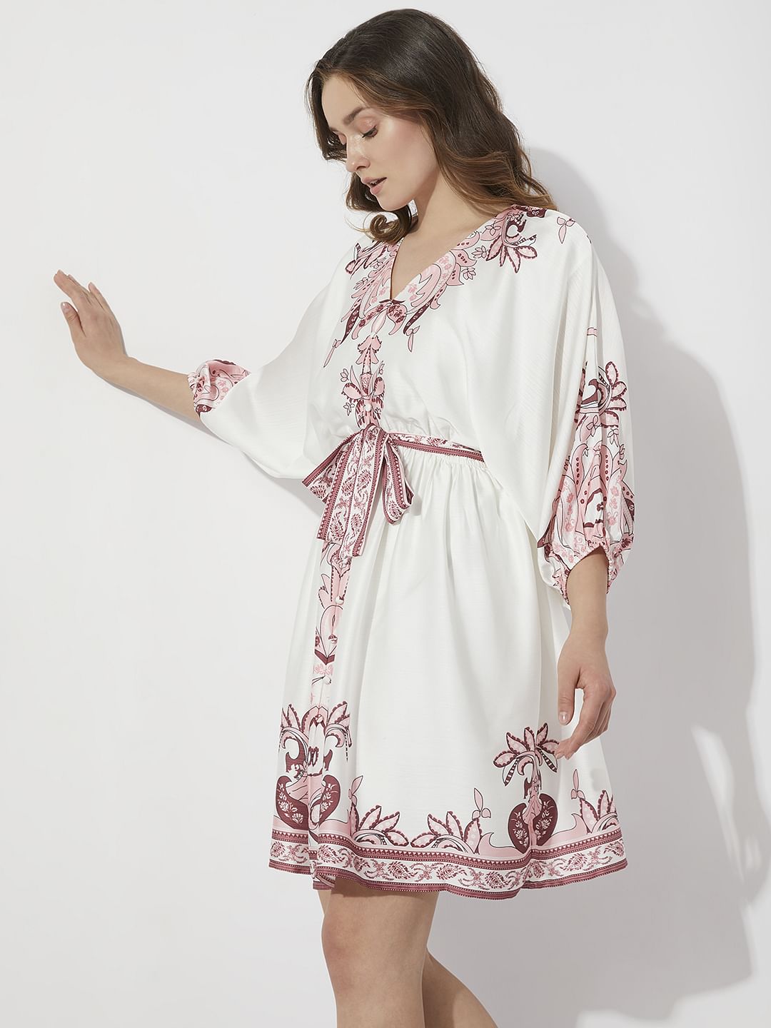 White Boho Print Fit & Flare Dress