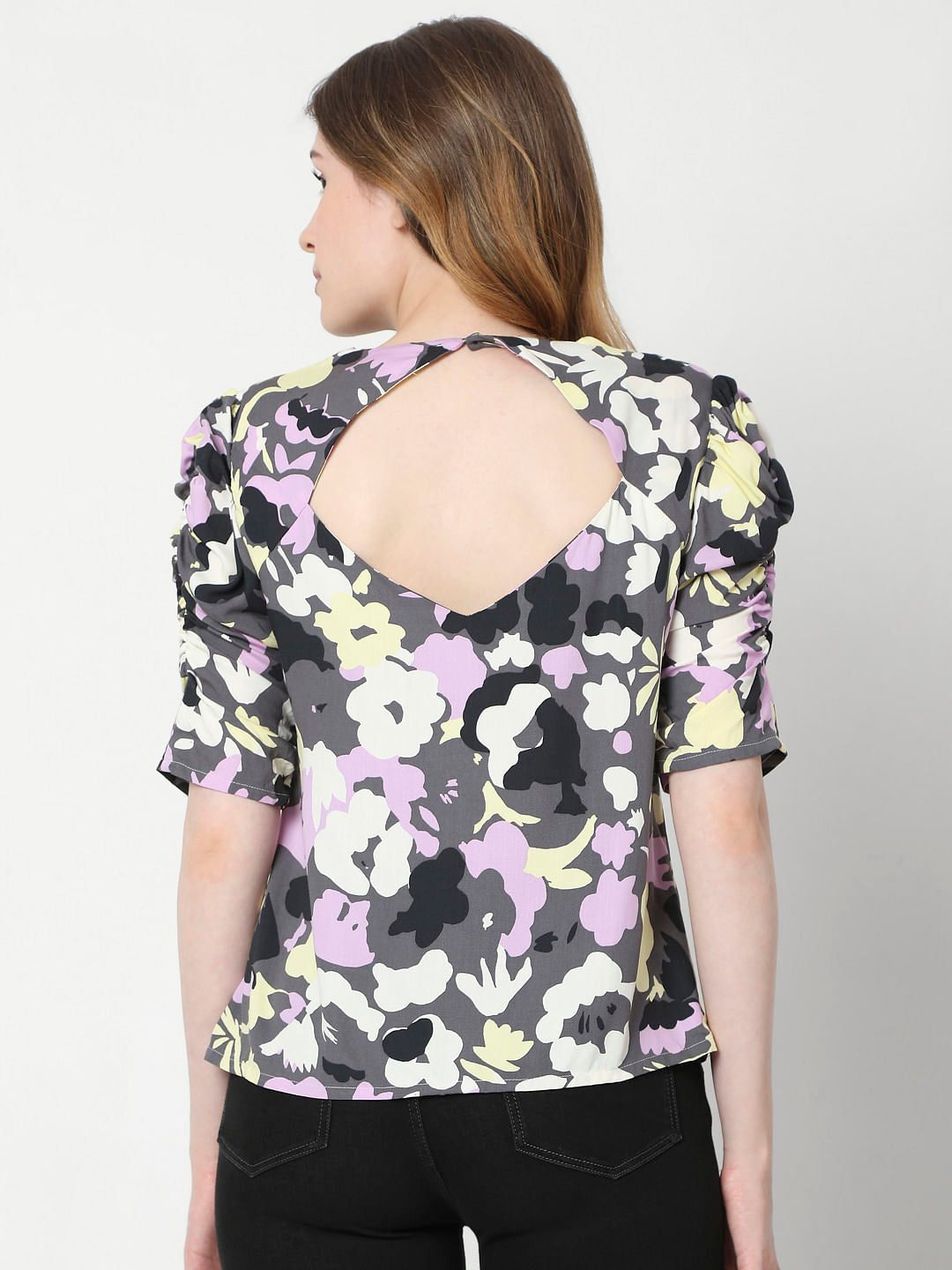 Grey Abstract Print Puff Sleeves Top